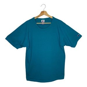 Vintage Champion Turquoise Blue Basic Blank Tee Shirt Made in USA - Large
